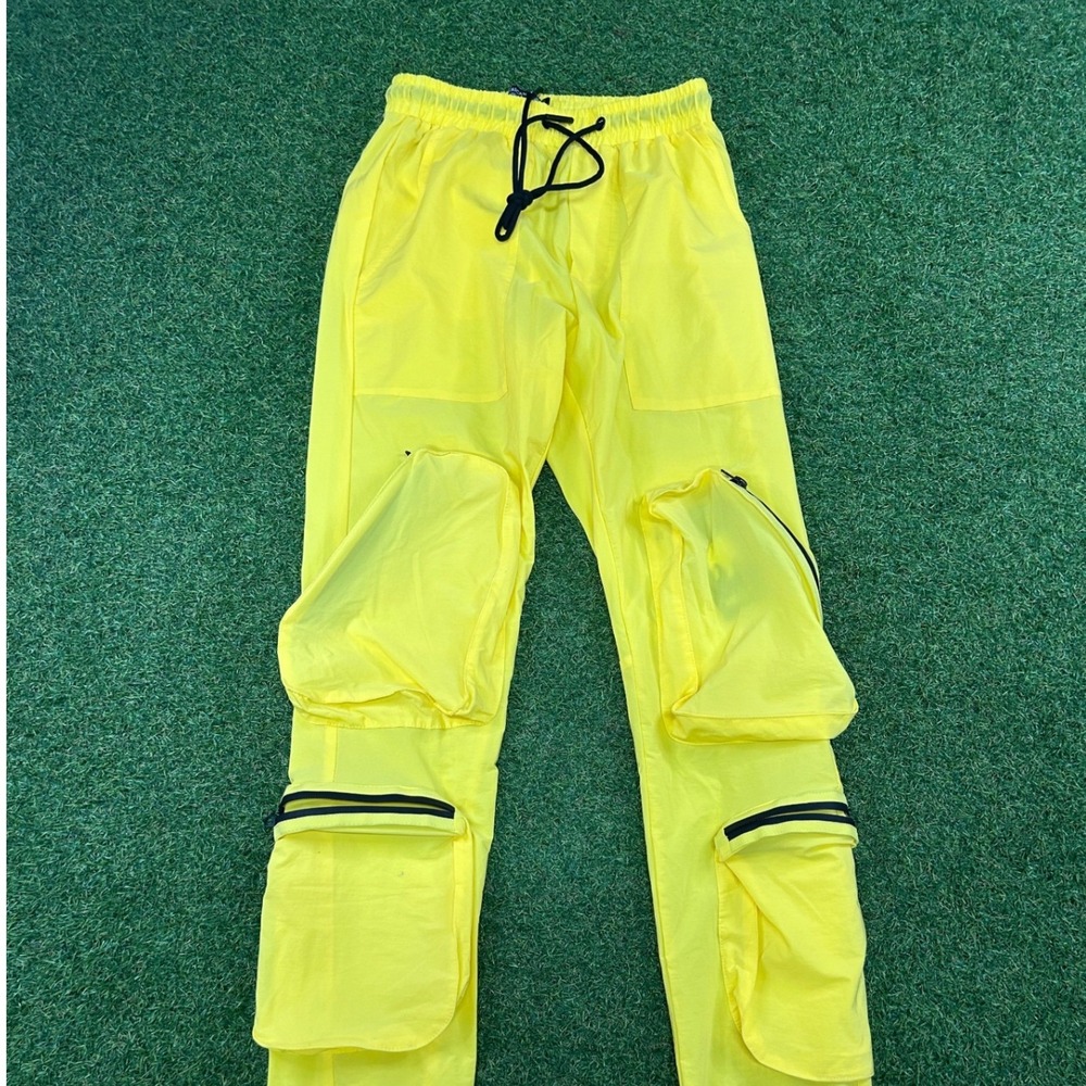 American Stitch Mens Neon Yellow Multi Pocket Cargo Pants Streetwear Size S